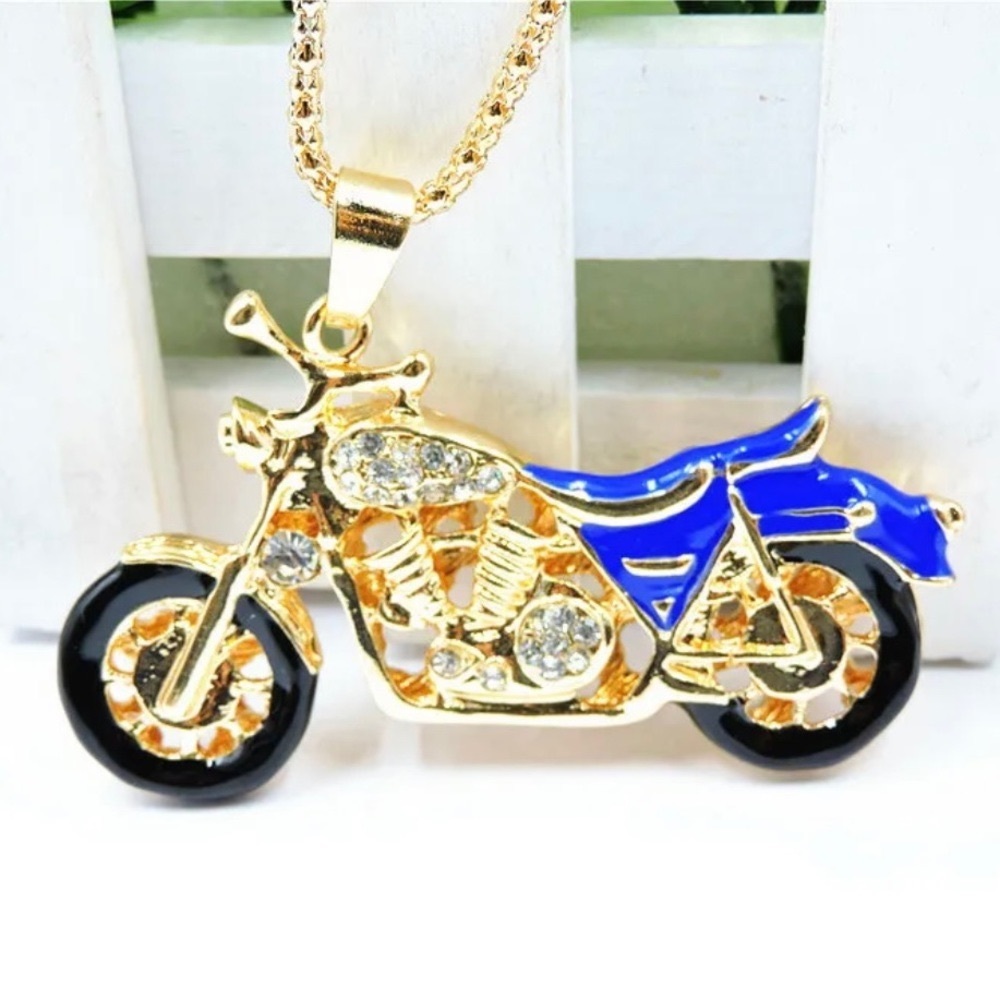 Motorcycle Blue & Gold Crystal & Enamel Necklace Brooch Pin Combo - Picture 2 of 5